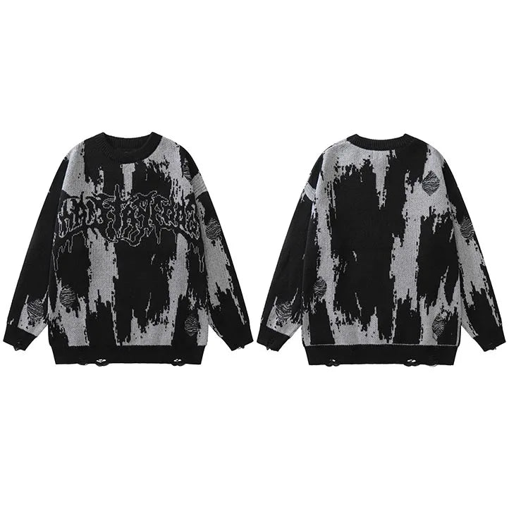 2025 Men Streetwear Ripped Sweater Distressed Vintage Letter Graphic Hip Hop Knitted Sweater Retro Pullover Sweater Hipster