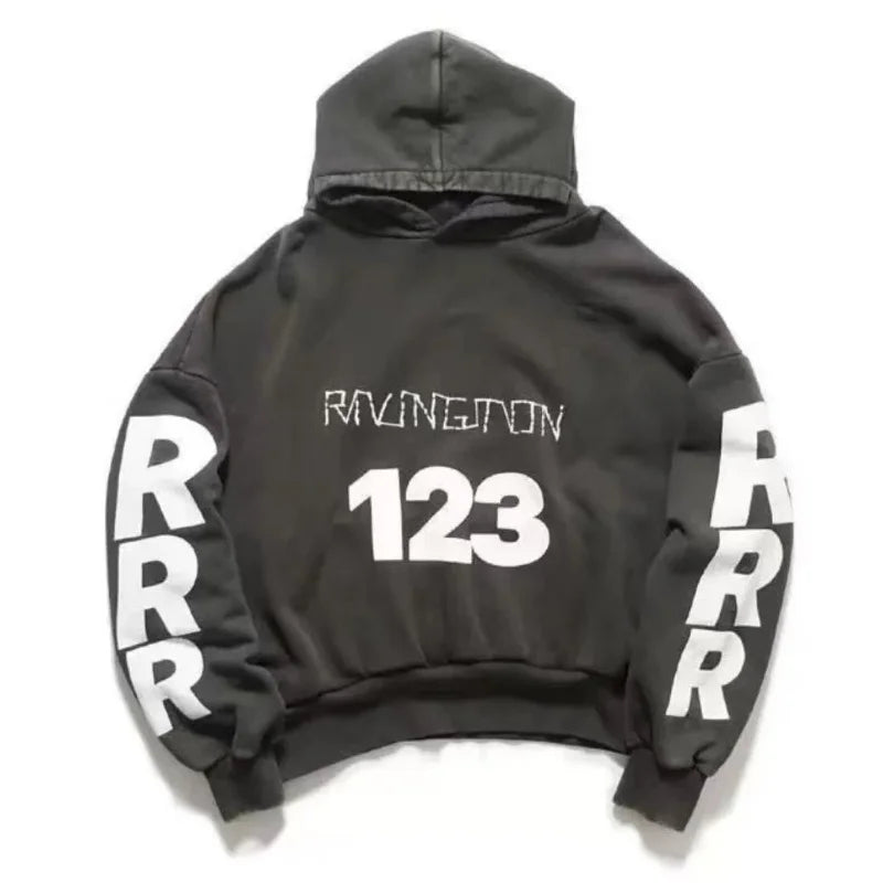 Heavyweight Fabric RRR123 Digital Embroidery Hooded Sweatshirt Washed Black Oversized Men Women Premium Quality Hoodie