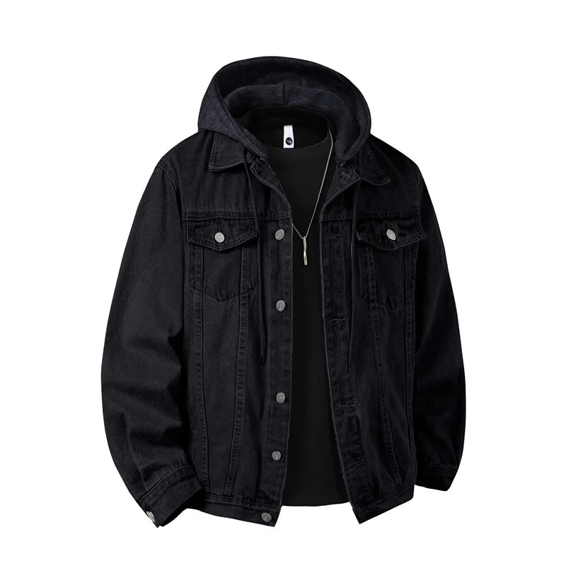 Men Hooded Denim Jacket Men Streetwear Turn Down Collar Outwear Coat Male Retro Motorcyle Jackets Man Patchwork Bomber Jacket