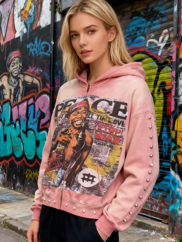 Y2K Aesthetic Pattern Print Hoodie Vintage Punk Gothic Couple Pearl Graffiti 2000s Streetwear