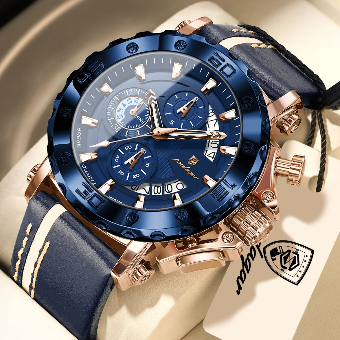 POEDAGAR Sports Watches For Man Waterproof Luminous Date Male Clock Chronograph Leather Quartz Functional Men's Wristwatch Reloj
