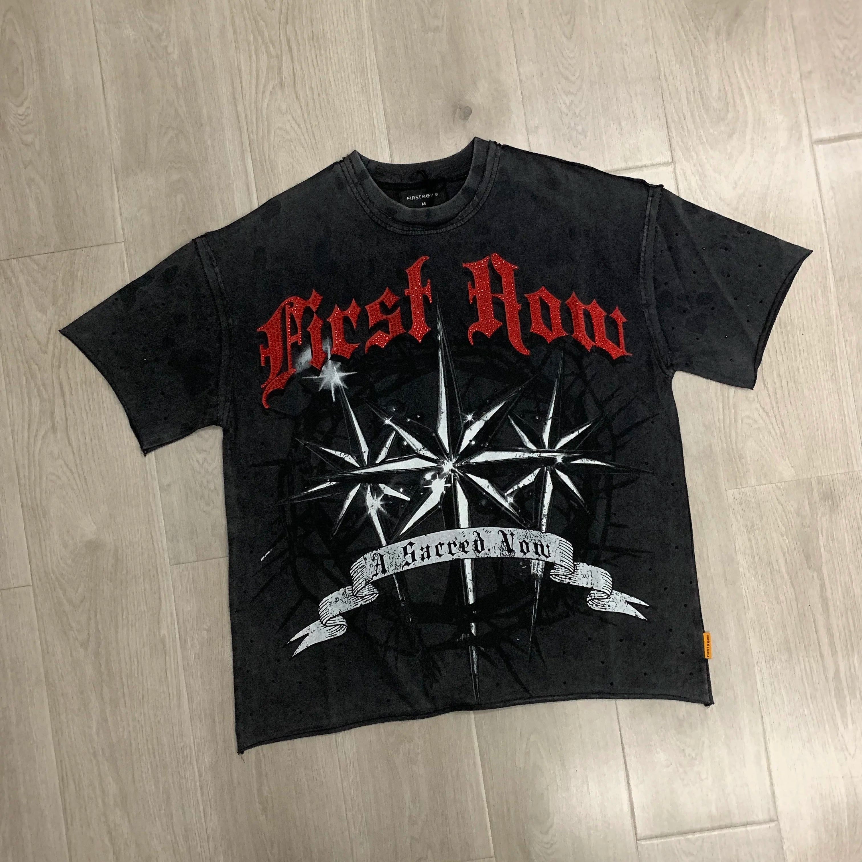 Casual FIRST ROW T-Shirts Washed  Street Fashion American Style Hot Drill Letters Mens Womens High Quality Short Sleeves Tee
