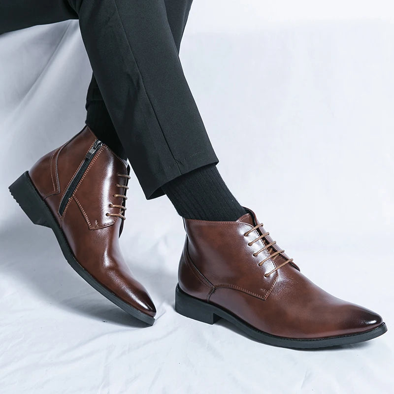 Leather Boots Men Zip Lace-up High Top British Versatile Men Fashion Business Dress Social Boots Mens Platform Casual Men Boots