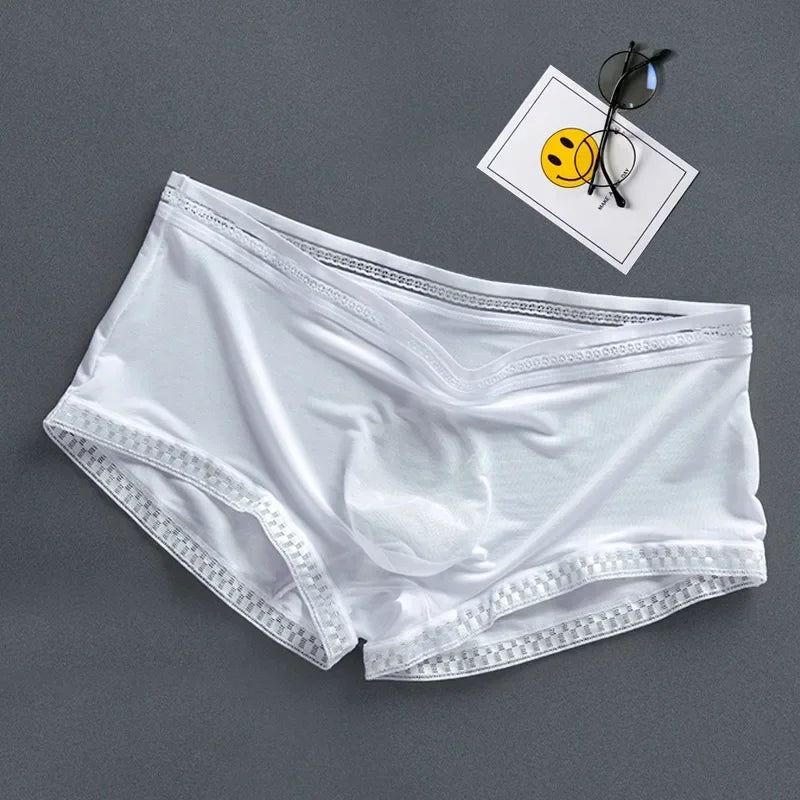 Men'S Boxers Ice Silk Underwear Summer Cool Ultra-Thin Boxer High Elastic Breathable 3d Pouch Underpants Transparent Panties