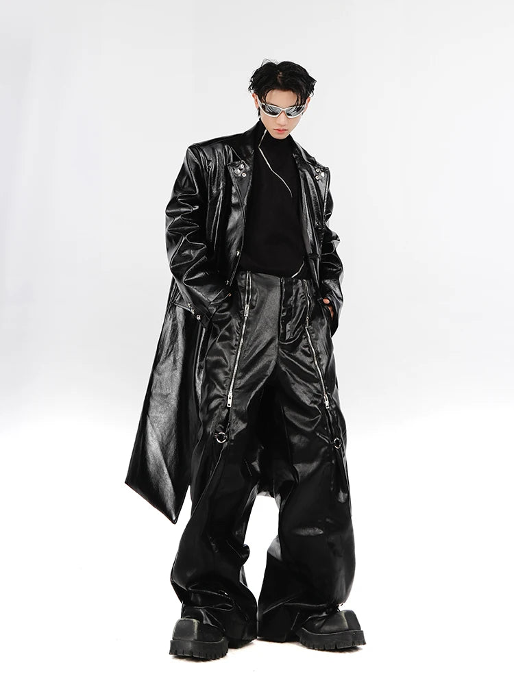 Mauroicardi Spring Autumn Cool Long Loose Casual Soft Black Silver Pu Leather Pants Men with Many Zippers Trousers Fashions 2023