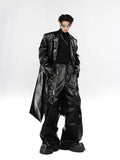 Mauroicardi Spring Autumn Cool Long Loose Casual Soft Black Silver Pu Leather Pants Men with Many Zippers Trousers Fashions 2023