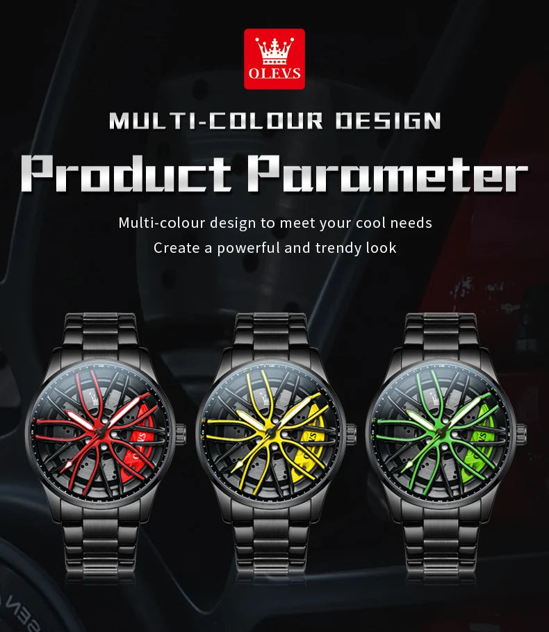 OLEVS 9937 Quartz Watch for Men Fashion 3D Hollow Wheel Rotary Dial Black Stainless Steel Waterproof Luminous Sports Wristwatch