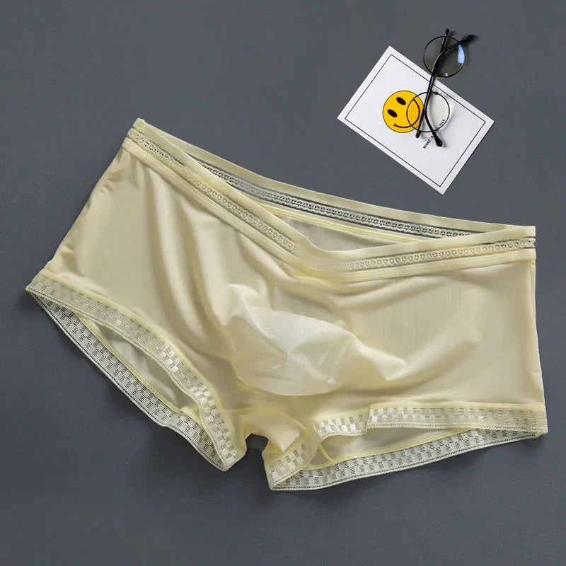 Men'S Boxers Ice Silk Underwear Summer Cool Ultra-Thin Boxer High Elastic Breathable 3d Pouch Underpants Transparent Panties