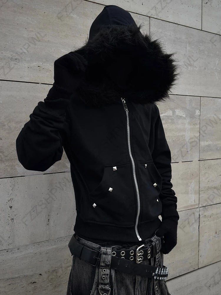 Gothic punk grunge Y2K unisex hoodie 2025 new autumn winter chic cardigan sweatshirt American retro hip-hop aesthetic streetwear