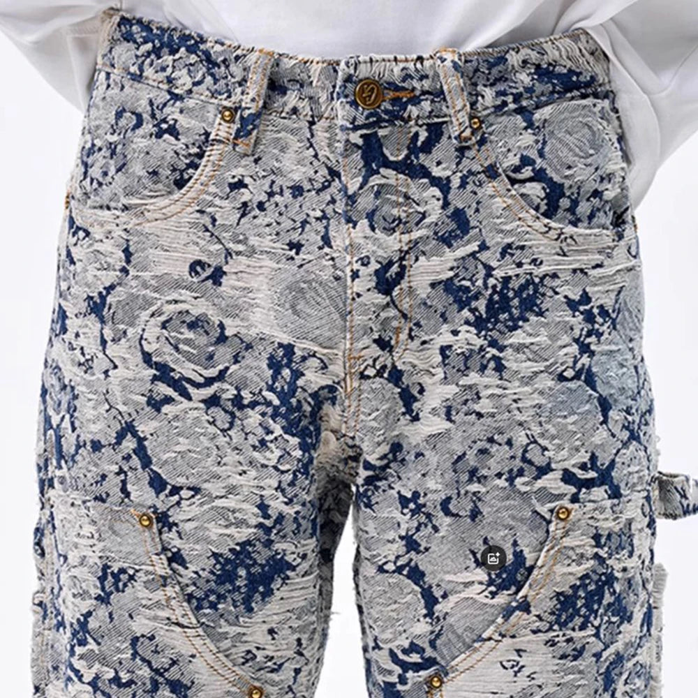 Men Jeans Jacquard Washed Cargo Casual Straight Pants Streetwear Fashion Hip Hop Retro Trend Trousers Male Men'S Clothing 2024
