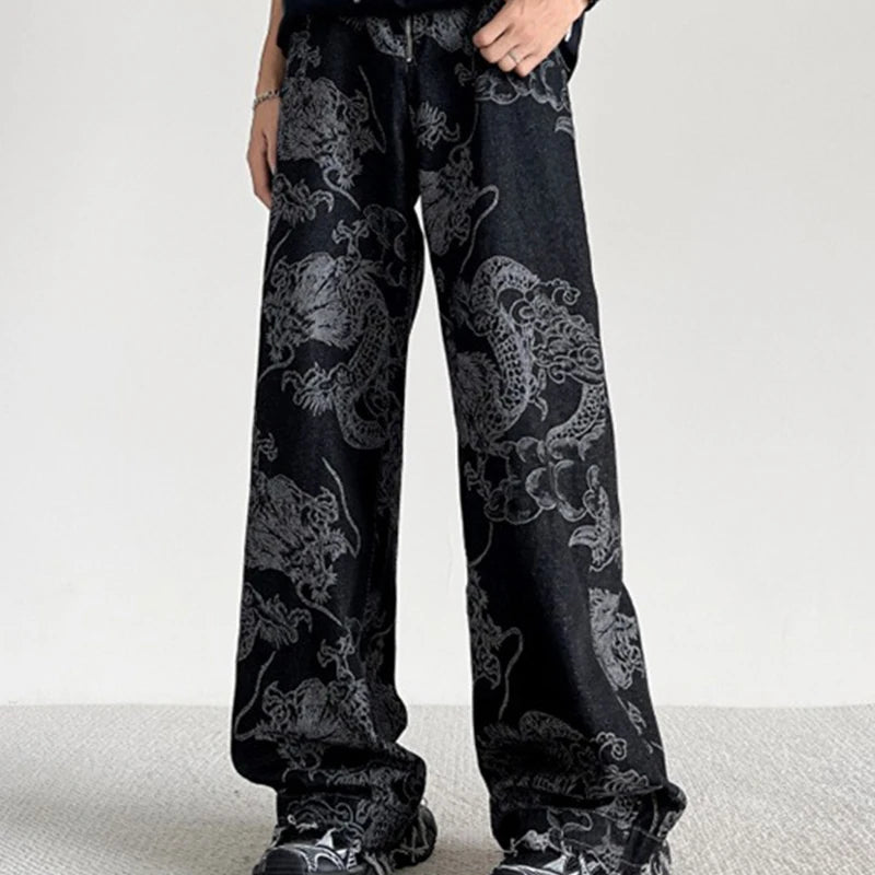 Chinese Style National Trend Design Dragon Pattern Jeans Men Women Korean Version New Retro Straight Loose Casual Pants Male