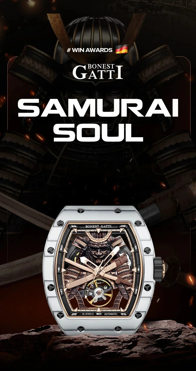BONEST GATTI Carbon Fiber Case Men Automatic Movement Wristwatch Skeleton Warrior Sapphire Glass Mechanical Watches for Men 2025