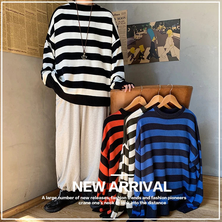 Classic Vintage Striped Sweater Men's Casual Japanese Trendy Red White Pullover Loose Round Neck Couple's Jumper Street Kintwear