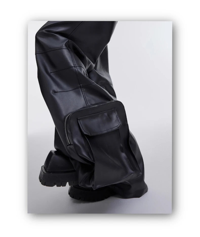 Mauroicardi Autumn Long Black Baggy Pu Leather Wide Leg Cargo Pants for Men Three-dimensional Pockets Luxury Designer Clothes