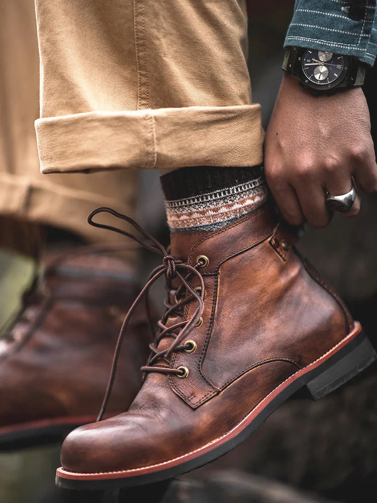 Handmade Leather Men Boots Retro Round Toe Ankle Boots for Men  Luxury Punk Street Style Mens Motorcycle Boots botas para hombre