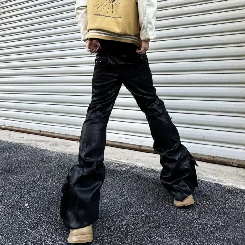 HKSH Spring Autumn Man Dark RO Double Stitching Waxed Denim Pants High Street Punk Wide Leg Flared Vintage Elastic Jeans HK10422