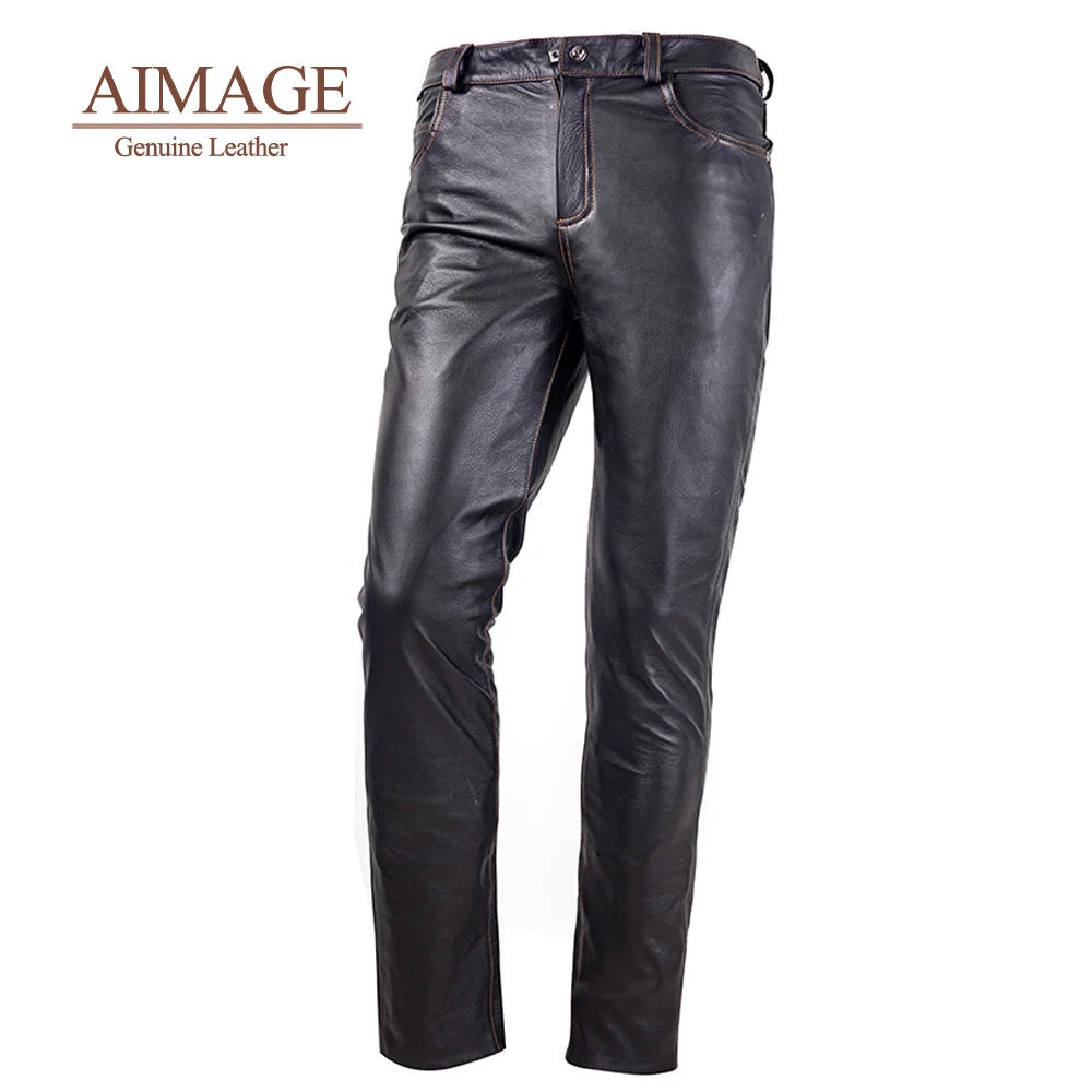 Genuine Real cow leather pant Men's motorcycle leather trousers кожаные штаны leather pants for men pantalon cuir homme