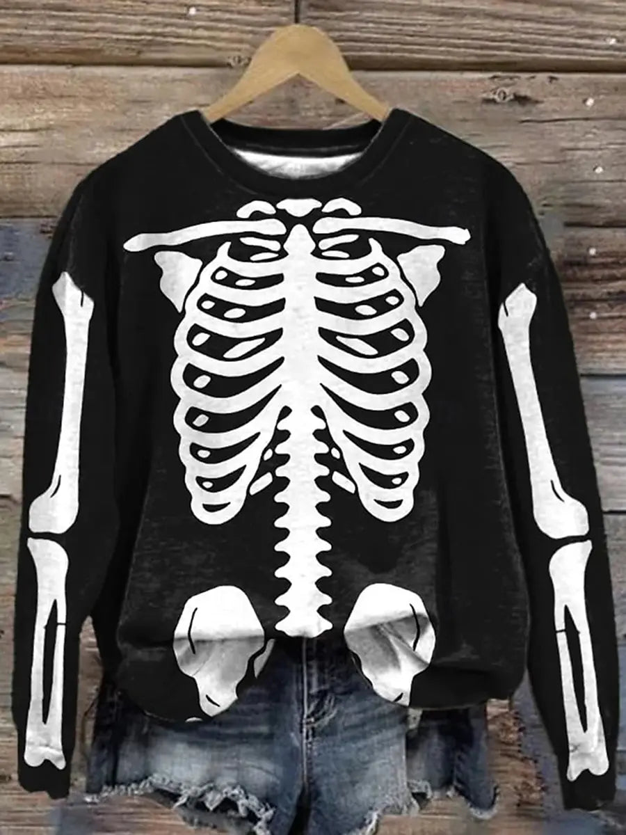 Fall Winter Pullover Women's Halloween Skeleton Print Sweatshirt 3D Print O-Neck Long Sleeve Tops Women's Apparel Y2K Streetwear