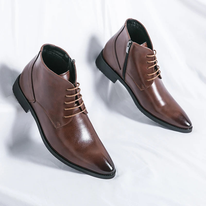 Leather Boots Men Zip Lace-up High Top British Versatile Men Fashion Business Dress Social Boots Mens Platform Casual Men Boots