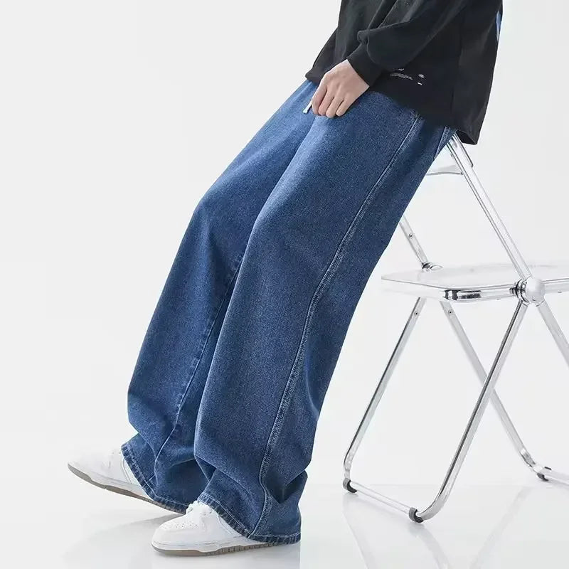 Fashion Men's Solid Color Drape Jeans Loose Straight Korean Vintage High Street Hip-hop Casual Daily Dragging Wide-leg Pants