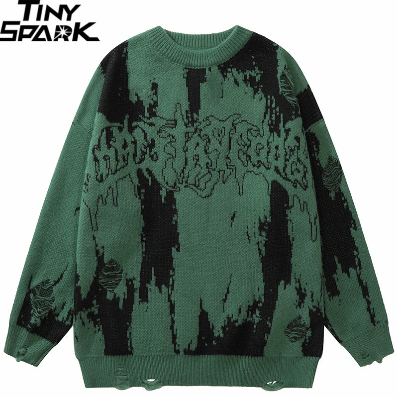2025 Men Streetwear Ripped Sweater Distressed Vintage Letter Graphic Hip Hop Knitted Sweater Retro Pullover Sweater Hipster