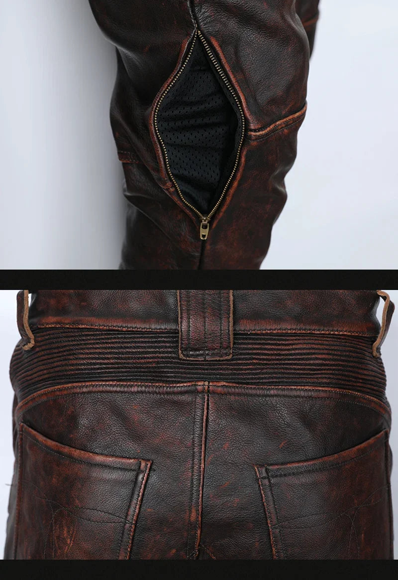 New Motorcycle Genuine Leather Pant Men's Thick Cowhide Vintage Brown Trousers For Men High Quality Moto Biker Slim Pants