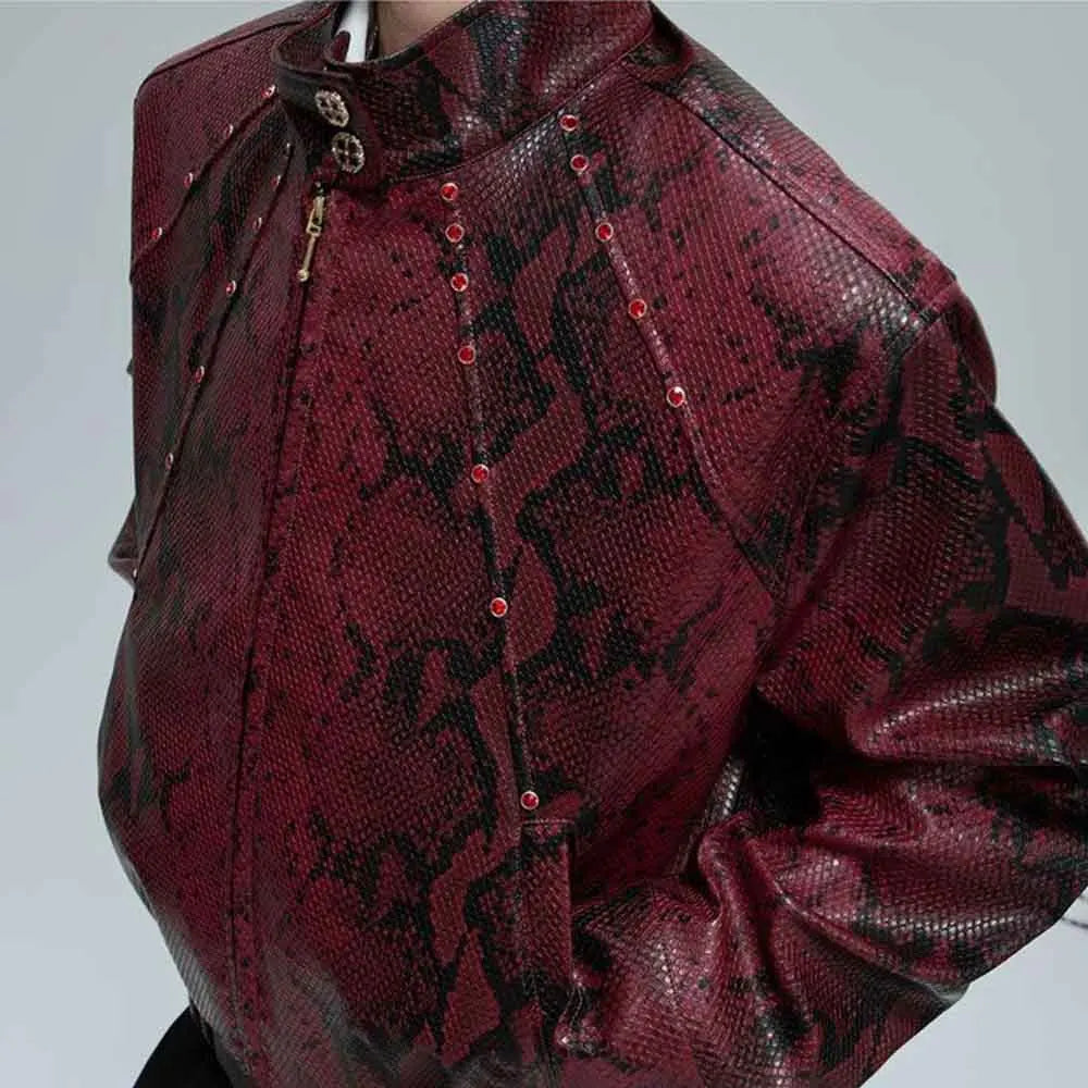 Mens Autumn Jacket Python Texture Jewel Embellished Jacket Streetwear Fashion Nightclub Cropped Top Men'S Clothing 2025 New