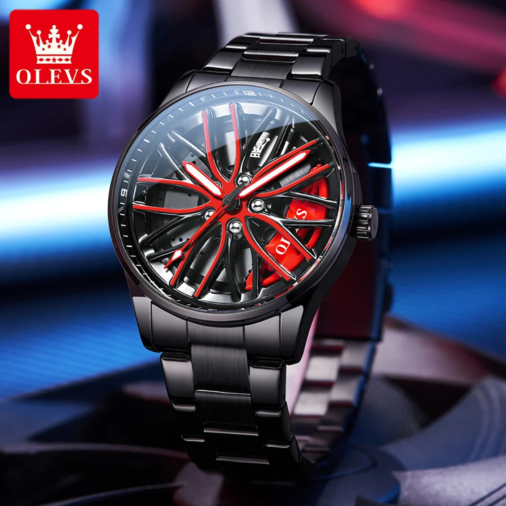 OLEVS 9937 Quartz Watch for Men Fashion 3D Hollow Wheel Rotary Dial Black Stainless Steel Waterproof Luminous Sports Wristwatch