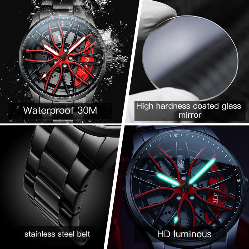 OLEVS 9937 Quartz Watch for Men Fashion 3D Hollow Wheel Rotary Dial Black Stainless Steel Waterproof Luminous Sports Wristwatch