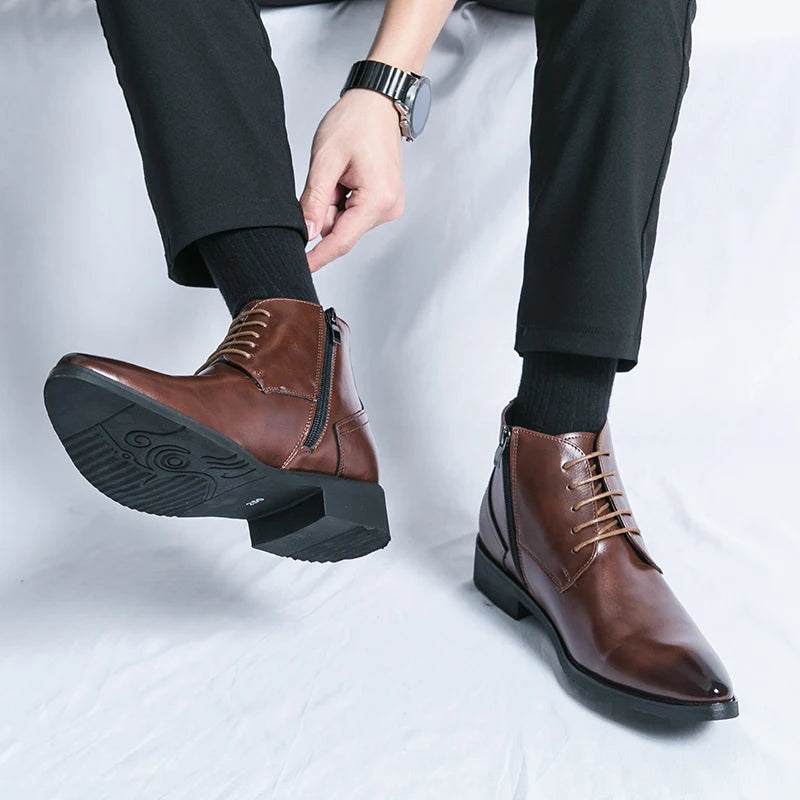 Leather Boots Men Zip Lace-up High Top British Versatile Men Fashion Business Dress Social Boots Mens Platform Casual Men Boots
