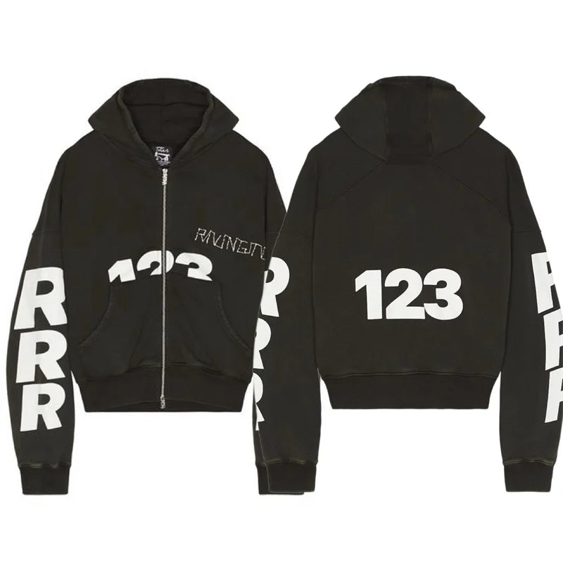 Heavyweight Fabric RRR123 Digital Embroidery Hooded Sweatshirt Washed Black Oversized Men Women Premium Quality Hoodie