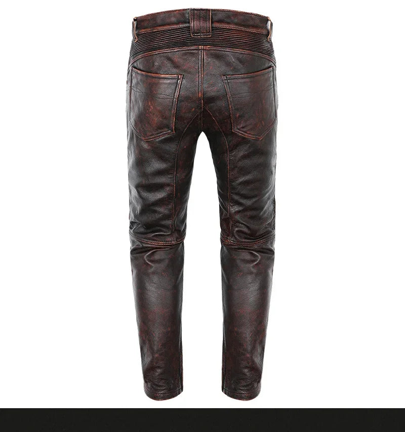 New Motorcycle Genuine Leather Pant Men's Thick Cowhide Vintage Brown Trousers For Men High Quality Moto Biker Slim Pants