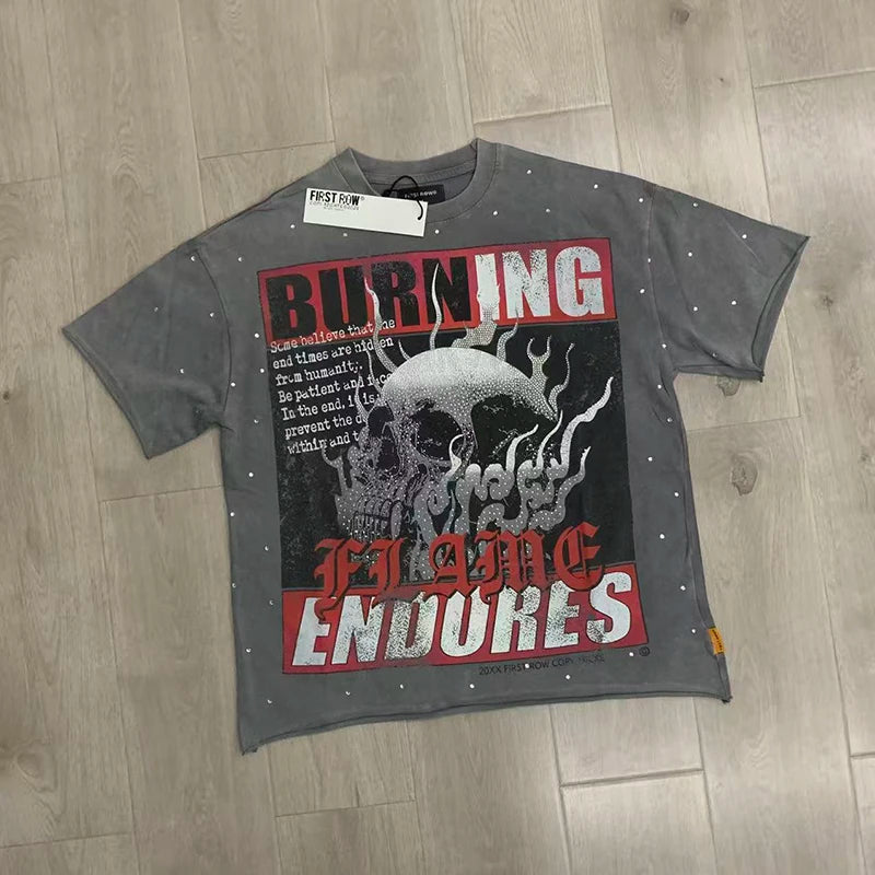 Casual FIRST ROW T-Shirts Washed  Street Fashion American Style Hot Drill Letters Mens Womens High Quality Short Sleeves Tee