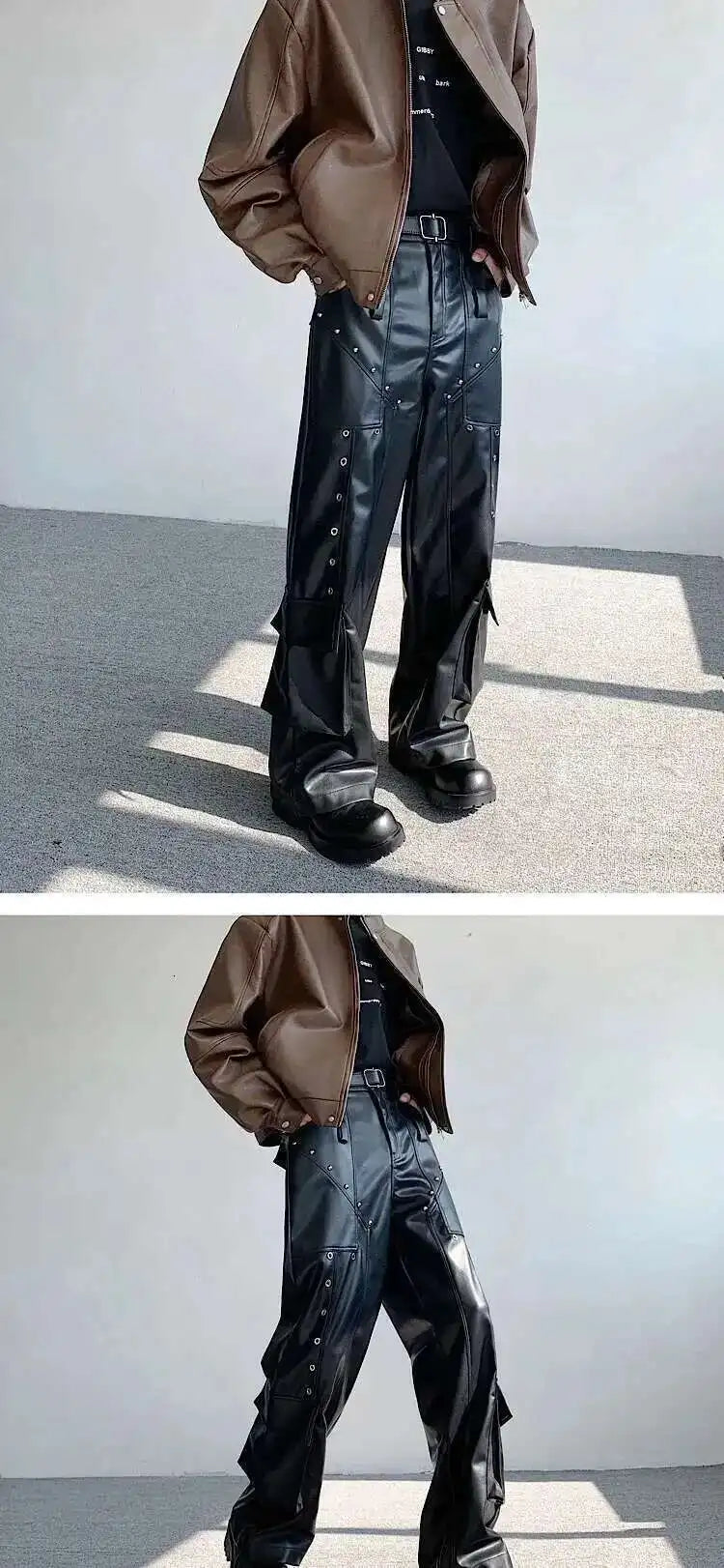 IEFB Spring Men's Leather Trousers Rivet Niche Design PU Casual Pants Solid Color Wide Leg Male Streetwear Niche Design 24X3131