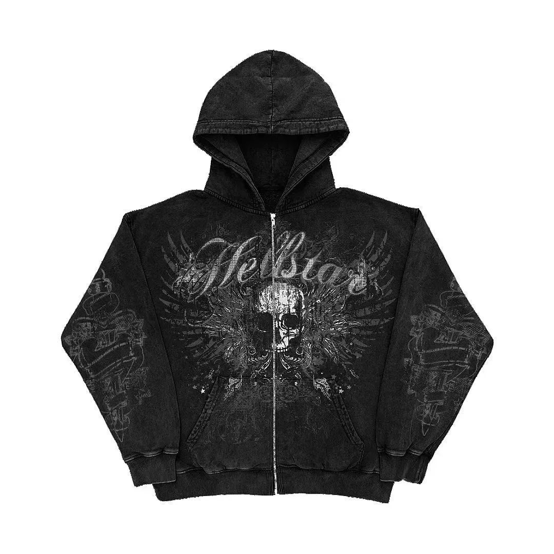 Ecko Dark Gothic Skull Eye Print Hoodie Men Women Streetwear Punk Oversize Black Sweatshirt Distressed Artistic Casual Pullover