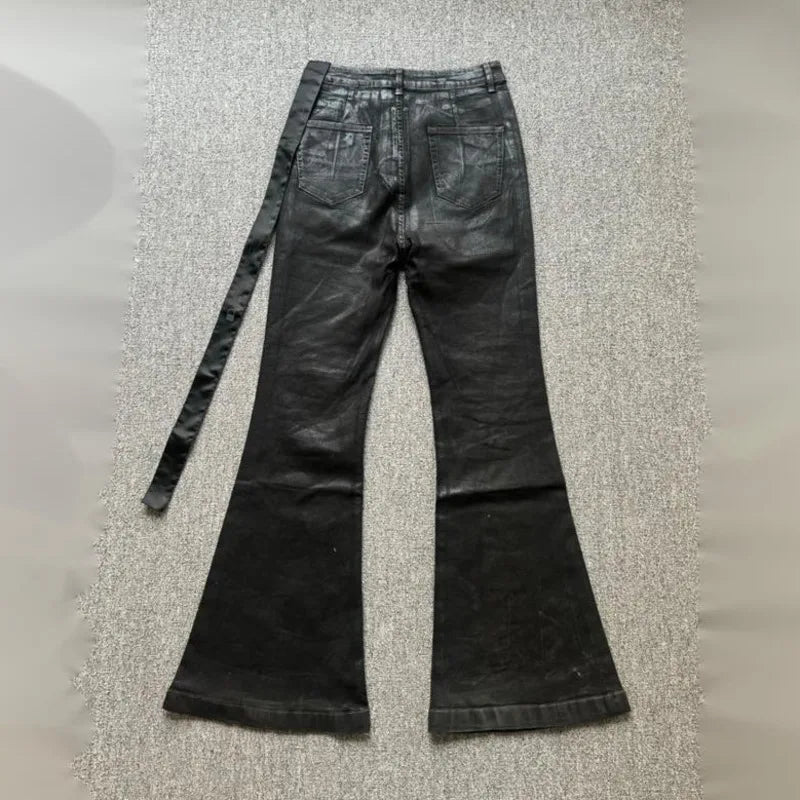 HKSH Spring Autumn Men Dark RO Style Niche Dark Wax Coated High Elastic Ribbon Jeans Wide Leg Flared Denim Pants Trendy HK18686