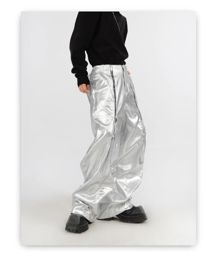 Mauroicardi Spring Autumn Cool Long Loose Casual Soft Black Silver Pu Leather Pants Men with Many Zippers Trousers Fashions 2023