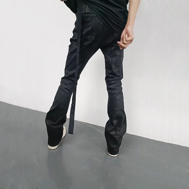 RO Style Wax Pants Men's Handmade Brushed Wax Pentagram Wax Surface Coating Horn High Elasticity Jeans Pant Dark