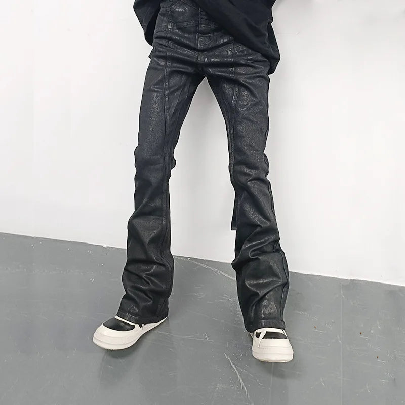 RO Style Wax Pants Men's Handmade Brushed Wax Pentagram Wax Surface Coating Horn High Elasticity Jeans Pant Dark