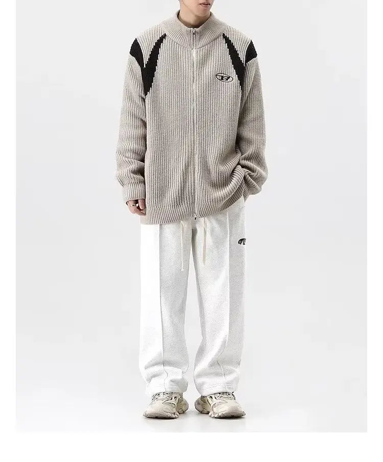 Double Zipper Cardigan Sweater Men Women Retro Loose Knitted Jumpers Autumn Streetwear Harajuku Street Color Block Jacket New