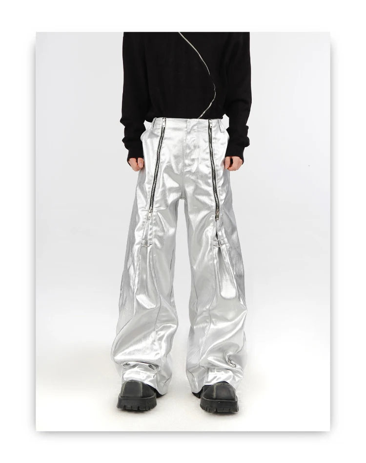 Mauroicardi Spring Autumn Cool Long Loose Casual Soft Black Silver Pu Leather Pants Men with Many Zippers Trousers Fashions 2023