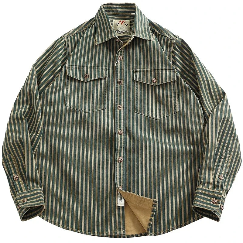 Retro Waed Distred Blue Vertical Stripe Trendy Denim irt Men's Loose American Long Sve Workwear irt Coat