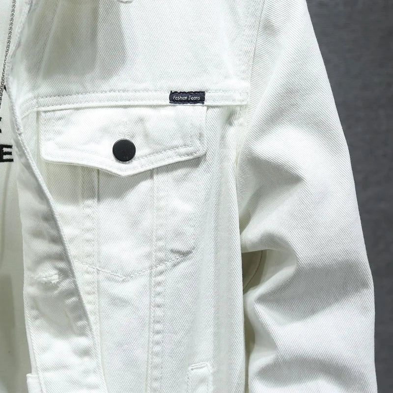 2024 Spring Men Solid Lapel Denim Jackets Fashion Motorcycle Jeans Jackets Hommes Slim Fit Cotton Casual Black White Coats
