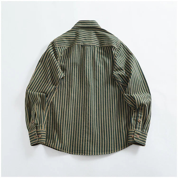 Retro Waed Distred Blue Vertical Stripe Trendy Denim irt Men's Loose American Long Sve Workwear irt Coat