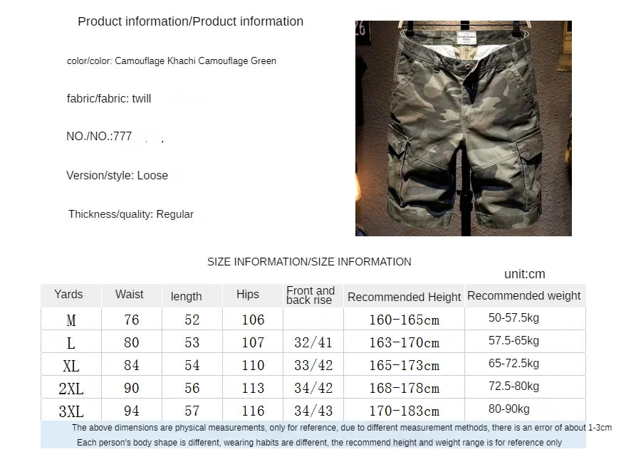Harajuku Fashion Streetwear Summer Shorts Men's Camo Cargo Knee Length Work Twill Cotton Loose Fit Camouflage Shorts for Men