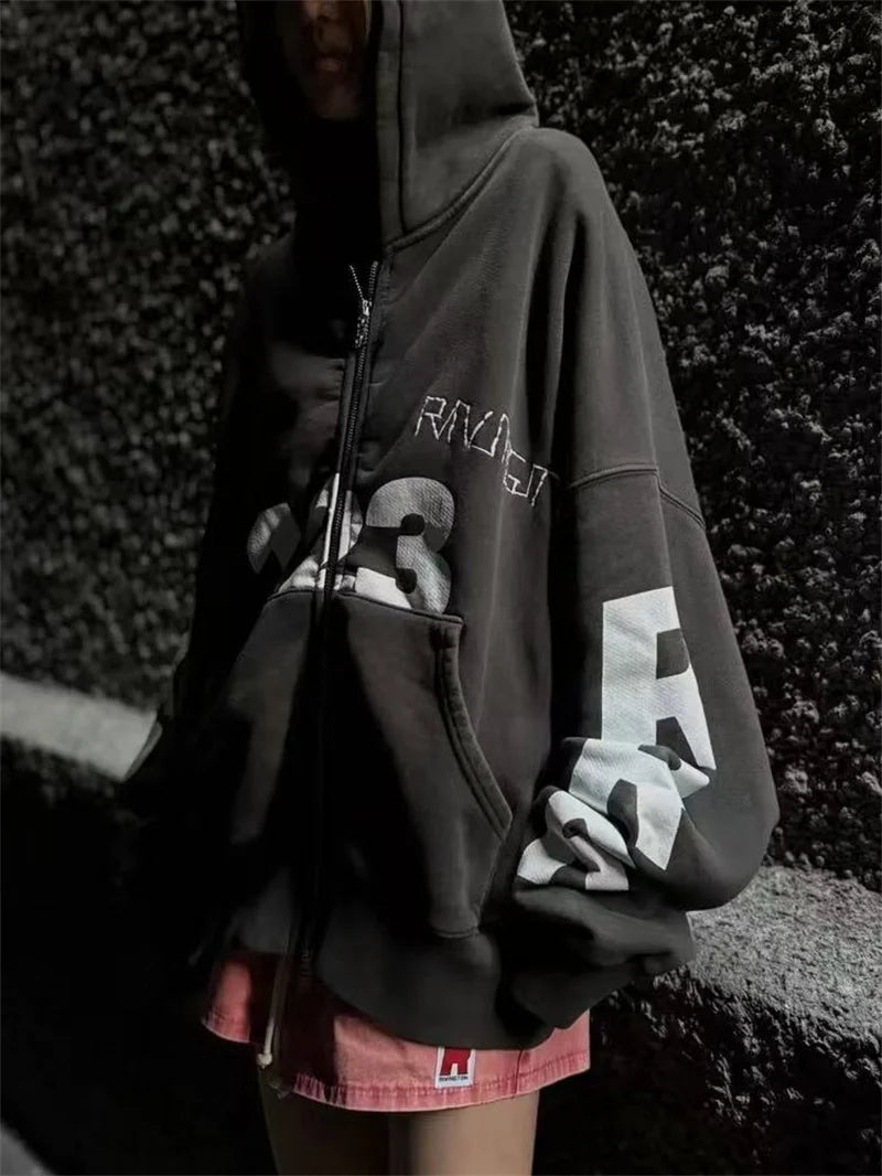 Heavyweight Fabric RRR123 Digital Embroidery Hooded Sweatshirt Washed Black Oversized Men Women Premium Quality Hoodie