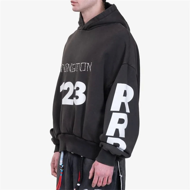Heavyweight Fabric RRR123 Digital Embroidery Hooded Sweatshirt Washed Black Oversized Men Women Premium Quality Hoodie