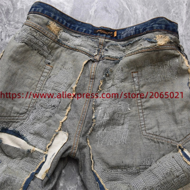 Washed Damaged Embroidery Patches Vintage Denim Jeans Men Women 1:1 Best Quality Pants