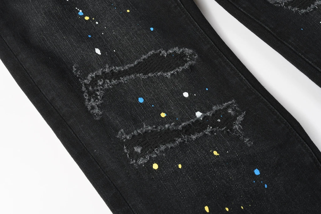 New Fashion Jeans Men High Street Black Splashing ink graffiti Distressed Hole Stretch Skinny Button Fly Ripped Jeans Brand