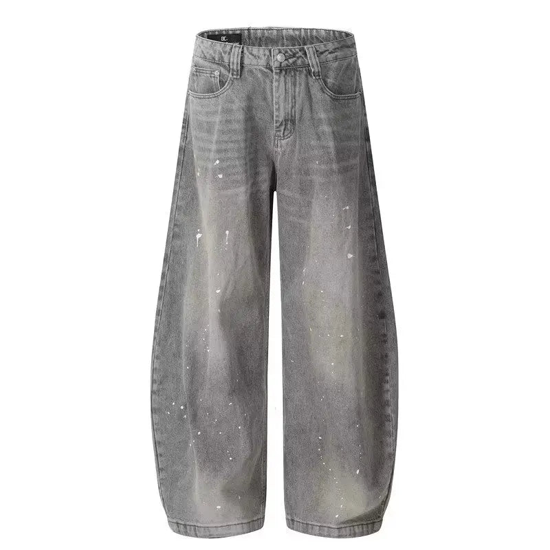 Spring and Autumn Retro Washed Vintage Grey Splash Ink Curved Knife Jeans for Men and Women Trendy Brand American Street Loose P